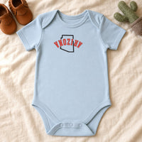Arizona State Upside Down embroidery design stitched on a powder blue organic cotton baby onesie