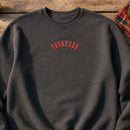 Arkansas State Upside Down embroidery design stitched on a heavyweight fleece crewneck sweatshirt