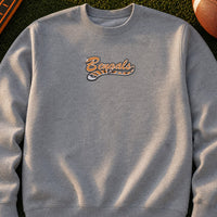 Bengals Mascot Tail embroidery design stitched on a heather grey unisex midweight crewneck sweatshirt
