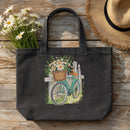 Bike Basket Fence embroidery design stitched on a heavy-weight charcoal canvas tote bag
