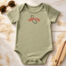 California State Upside Down embroidery design stitched on a sage organic cotton baby onesie