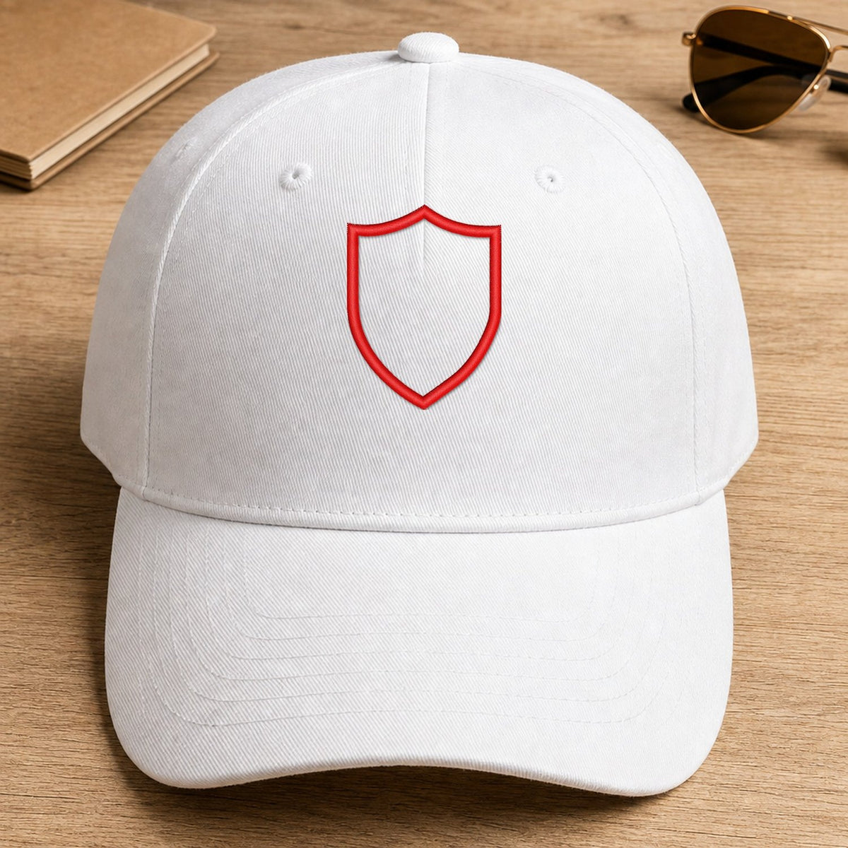Cap Appl Patch 5 embroidery design stitched on a clean white structured cotton-twill baseball cap