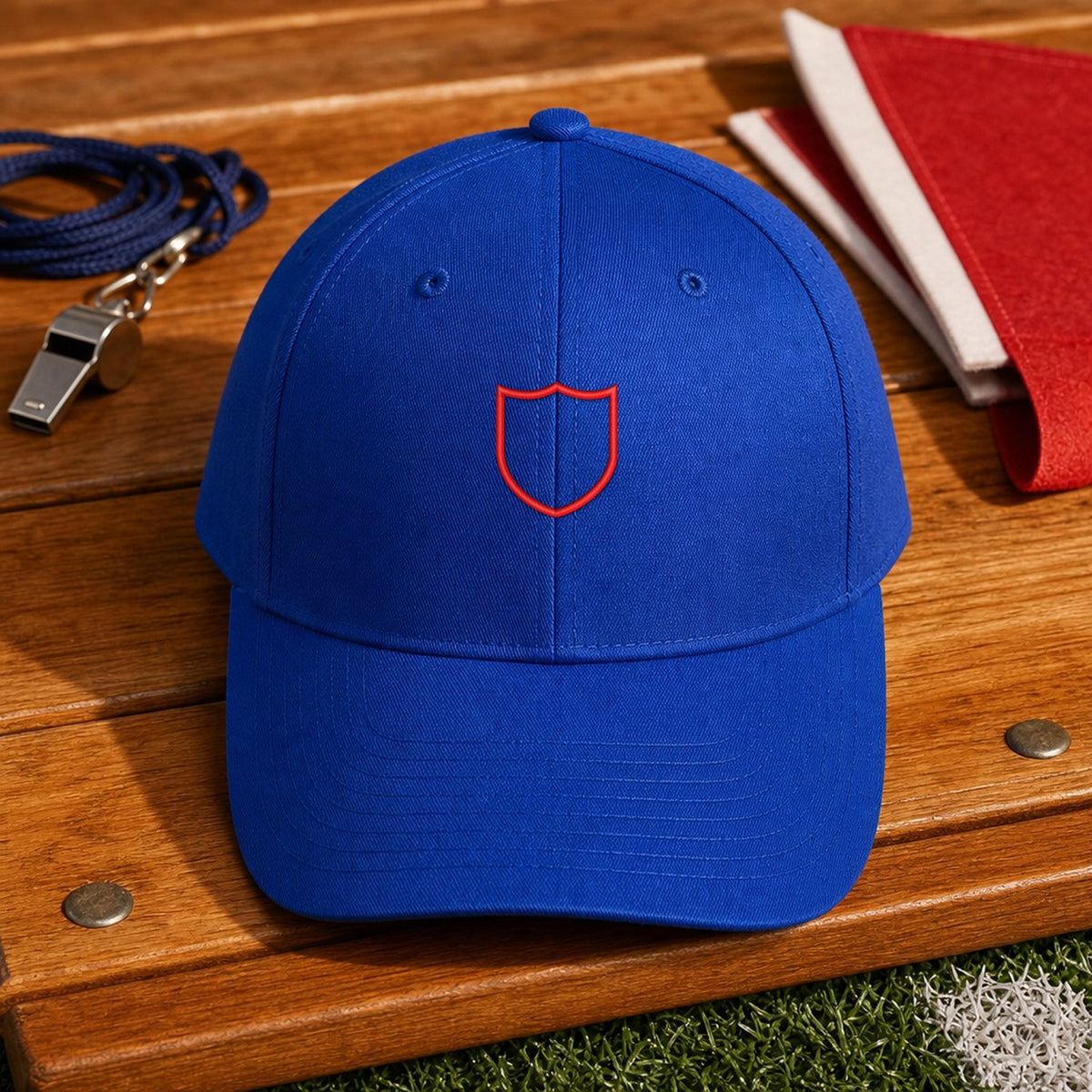 Cap Appl Patch 9 embroidery design stitched on a royal blue structured six-panel baseball cap