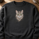 Cat Head Threads embroidery design stitched on a charcoal heavyweight fleece crewneck sweatshirt