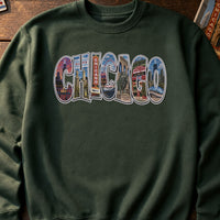 Chicago Landmarks embroidery design stitched on a forest green heavyweight fleece crewneck sweatshirt