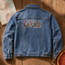 Chicago Landmarks embroidery design stitched on the back of a denim trucker jacket