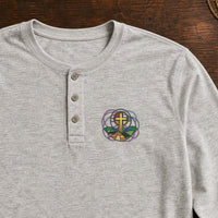 Cross Abstract Jesus embroidery design stitched on a light heather grey unisex long-sleeve henley