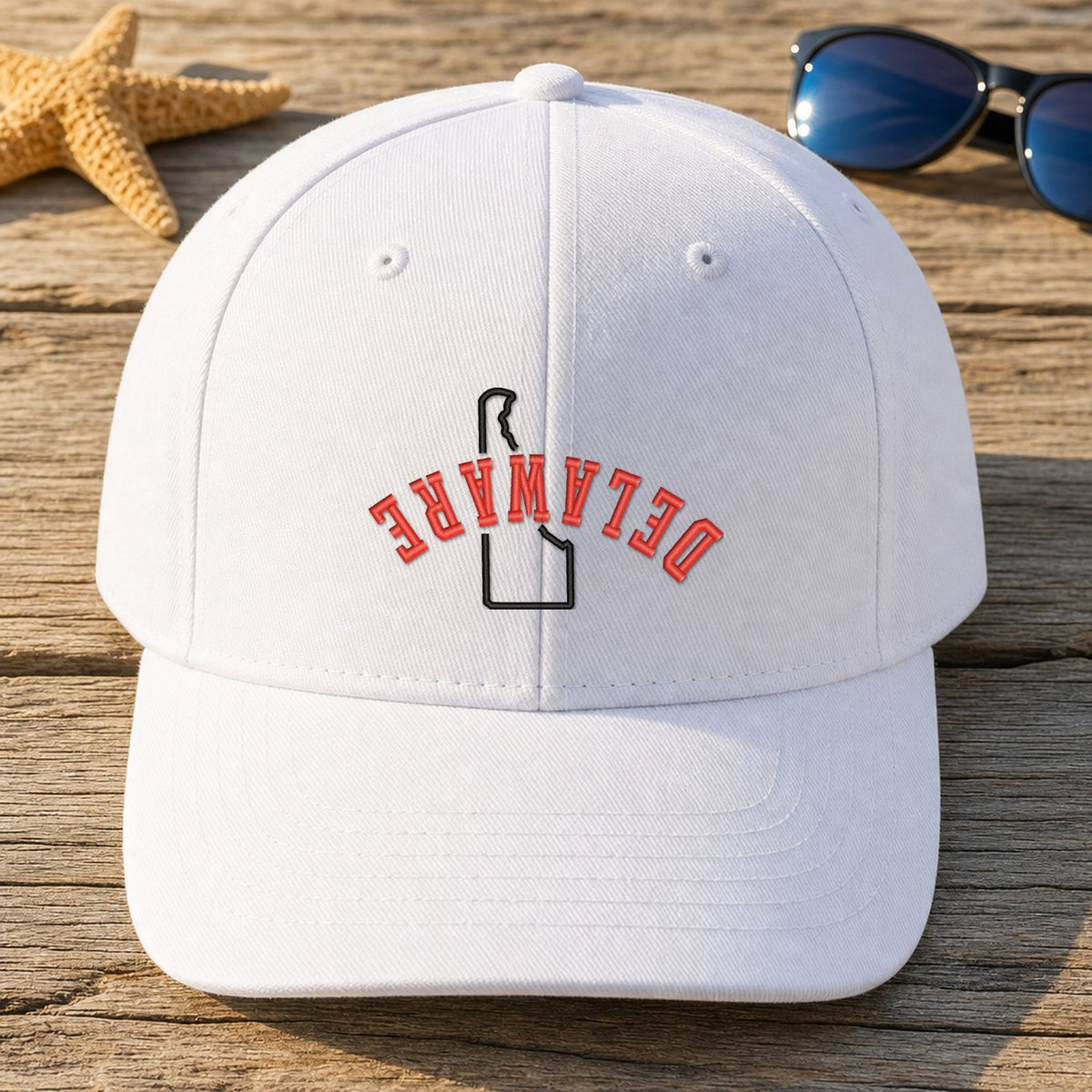 Delaware State Upside Down embroidery design stitched on a bright white structured cotton-twill cap
