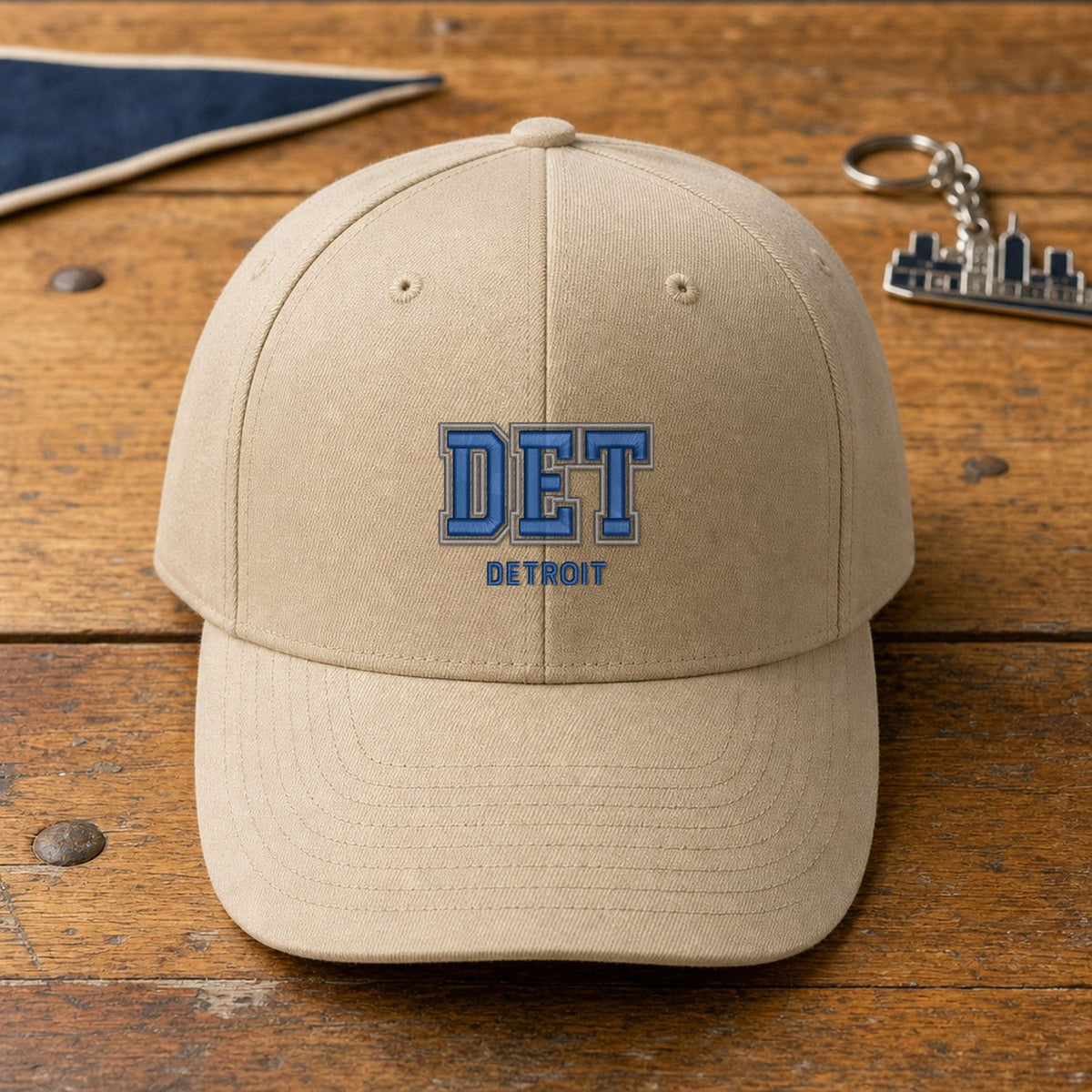DET Puff Cap embroidery design stitched on a sand structured six-panel baseball cap