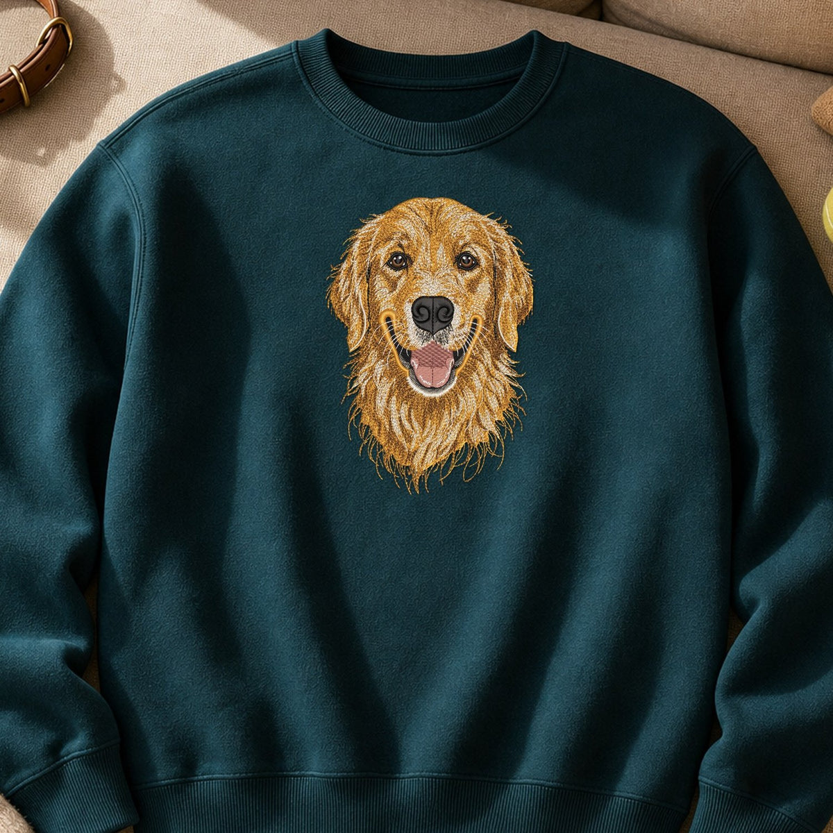 Dog Head Threads embroidery design stitched on a heavyweight fleece crewneck sweatshirt