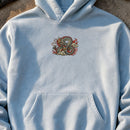 Dragon Tattoo embroidery design stitched on a light sky-blue heavyweight pullover hoodie