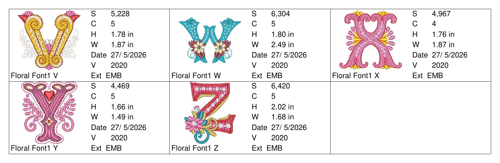 Floral Font 1 alphabet chart - page 2