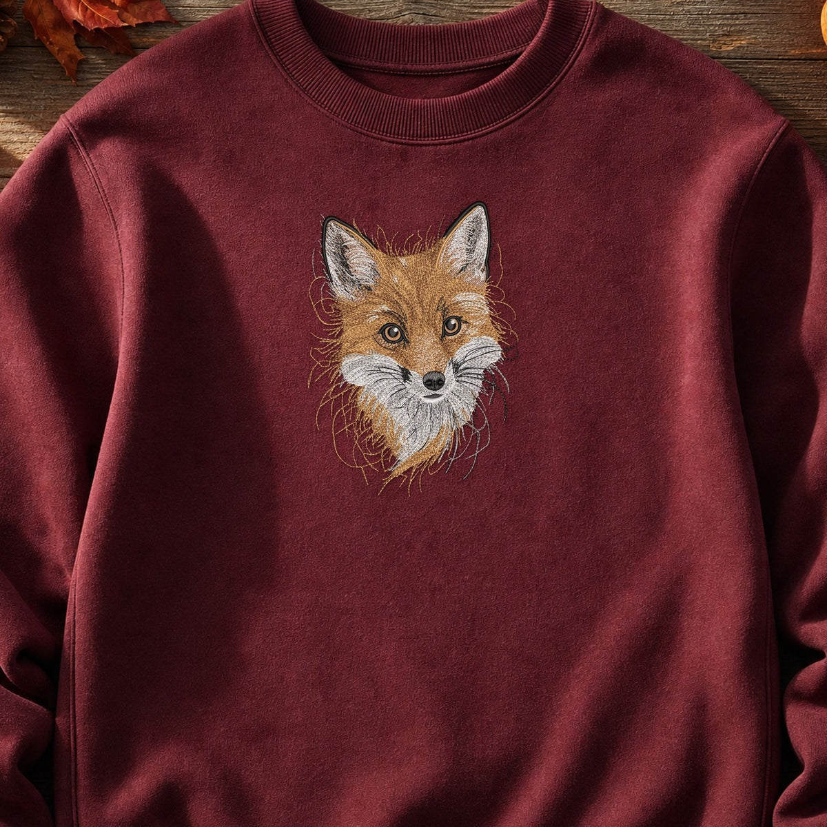 Fox Head Threads embroidery design stitched on a maroon heavy-weight fleece crewneck sweatshirt