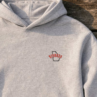 Georgia State Upside Down embroidery design stitched on a light heather grey pullover hoodie
