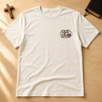 God is Love JESUS embroidery design stitched on a natural unisex short-sleeve tee