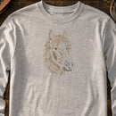 Horse Head Run embroidery design stitched on a light heather grey long-sleeve unisex tee