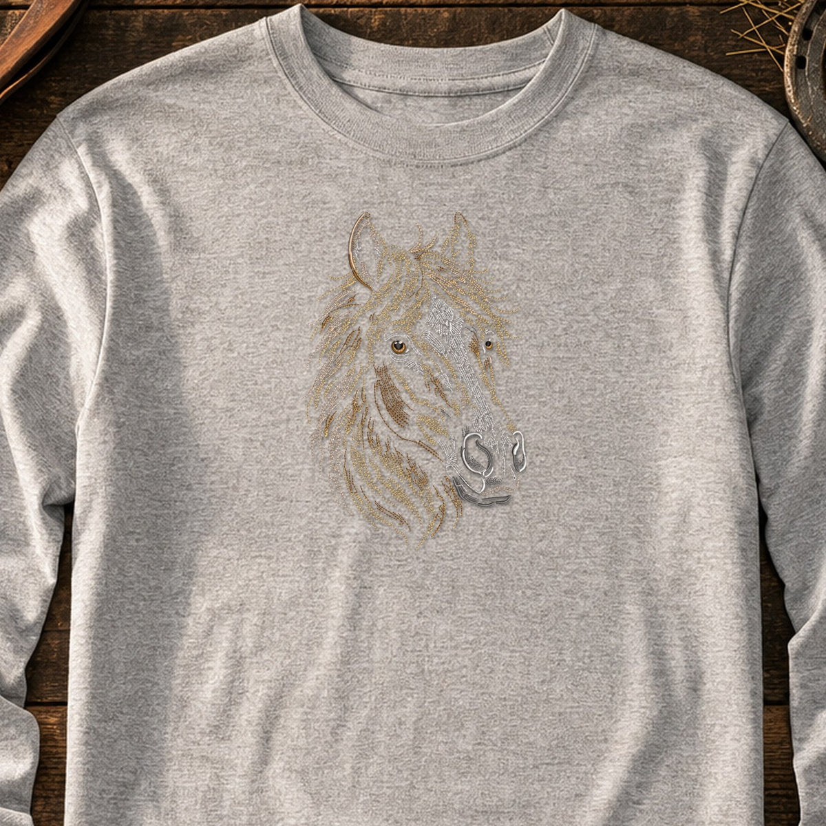 Horse Head Run embroidery design stitched on a light heather grey long-sleeve unisex tee