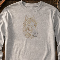 Horse Head Run embroidery design stitched on a light heather grey long-sleeve unisex tee