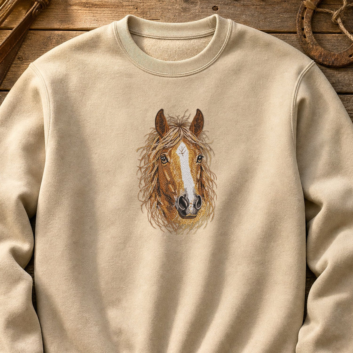 Horse Head Threads embroidery design stitched on a sand heavyweight fleece crewneck sweatshirt