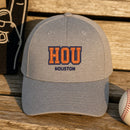 HOU Puff Cap embroidery design stitched on a heather athletic grey structured six-panel baseball cap