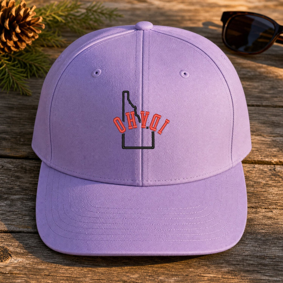 Idaho State Upside Down embroidery design stitched on a lavender structured cotton-twill cap