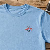 Illinois State Upside Down embroidery design stitched on a sky blue unisex short-sleeve crewneck tee