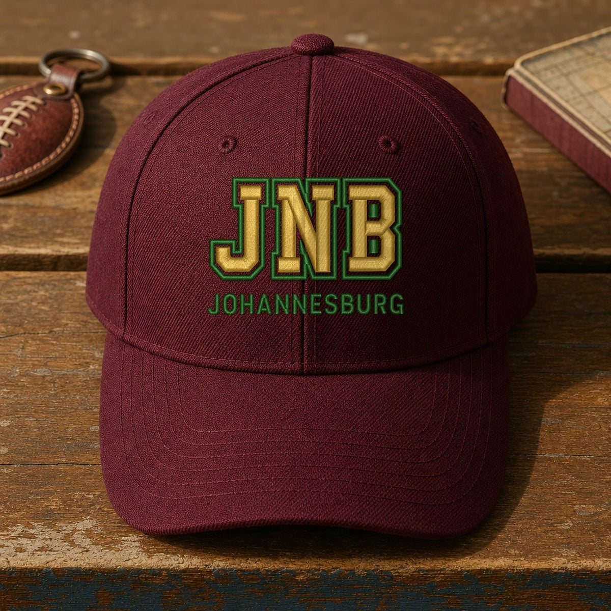 JNB Puff Cap embroidery design stitched on a deep burgundy structured six-panel baseball cap