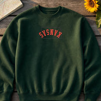 Kansas State Upside Down embroidery design stitched on a heavyweight fleece crewneck sweatshirt