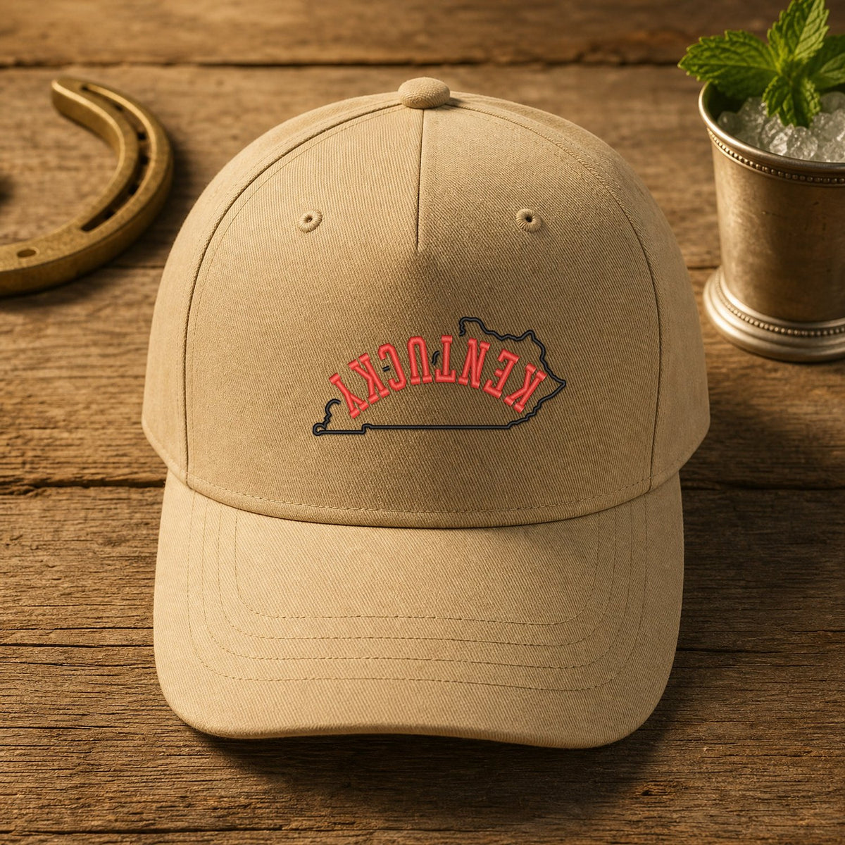 Kentucky State Upside Down embroidery design stitched on a natural khaki structured cotton-twill cap