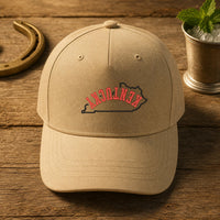 Kentucky State Upside Down embroidery design stitched on a natural khaki structured cotton-twill cap