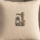 Lantern Post embroidery design stitched on a natural oatmeal linen throw pillow