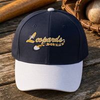 Leopards Mascot Tail embroidery design stitched on a navy structured six-panel cap