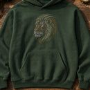 Lion Head Run embroidery design stitched on a forest green unisex heavy-weight pullover hoodie