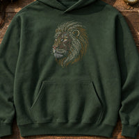 Lion Head Run embroidery design stitched on a forest green unisex heavy-weight pullover hoodie