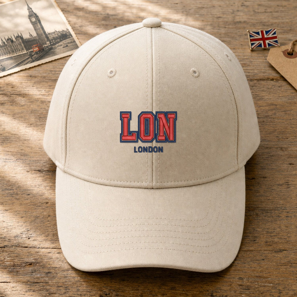LON Puff Cap embroidery design stitched on a natural structured baseball cap