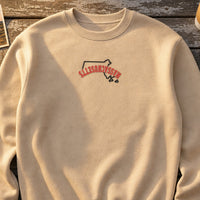 Massachusetts State Upside Down embroidery design stitched on a heavyweight fleece crewneck sweatshirt