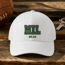 MIL Puff Cap embroidery design stitched on a white structured six-panel baseball cap