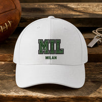 MIL Puff Cap embroidery design stitched on a white structured six-panel baseball cap