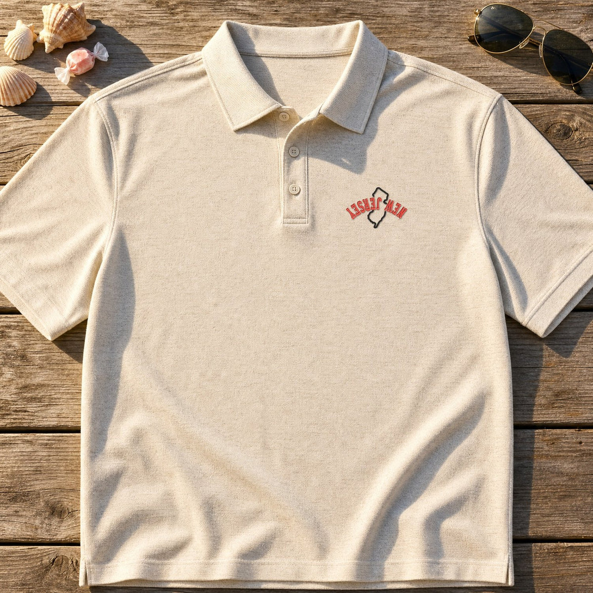 New Jersey State Upside Down embroidery design stitched on a natural polo shirt