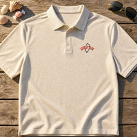 New Jersey State Upside Down embroidery design stitched on a natural polo shirt