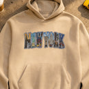 New York Landmarks embroidery design stitched on a heavyweight fleece pullover hoodie