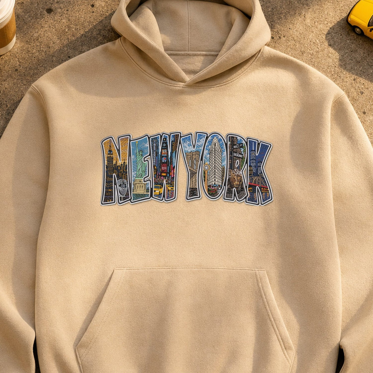 New York Landmarks embroidery design stitched on a heavyweight fleece pullover hoodie