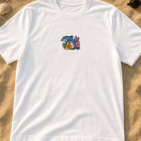 Ocean Dolphin Floral embroidery design stitched on a crisp white unisex midweight crewneck tee
