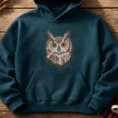 Owl Head Threads embroidery design stitched on a deep teal heavy-weight fleece hooded sweatshirt