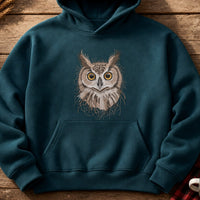 Owl Head Threads embroidery design stitched on a deep teal heavy-weight fleece hooded sweatshirt
