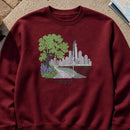 Peek at Chicago embroidery design stitched on a maroon heavyweight fleece crewneck sweatshirt