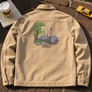 Peek at New York embroidery design stitched on the back of a tan twill chore jacket