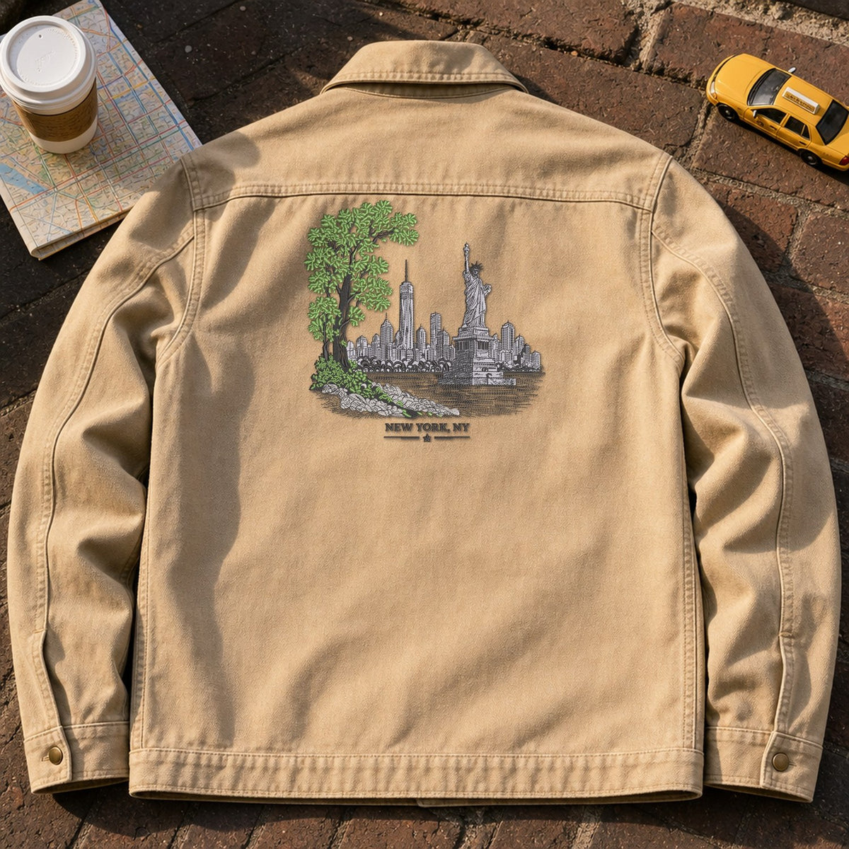 Peek at New York embroidery design stitched on the back of a tan twill chore jacket