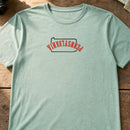 Pennsylvania State Upside Down embroidery design stitched on a soft seafoam green unisex short-sleeve tee