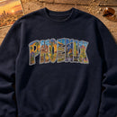 Phoenix Landmarks embroidery design stitched on a heavyweight fleece crewneck sweatshirt